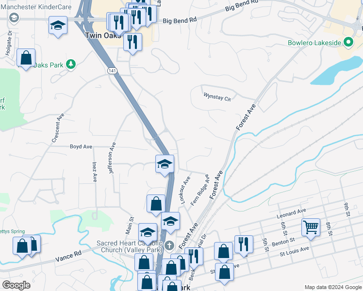 map of restaurants, bars, coffee shops, grocery stores, and more near 539 Meramec Station Road in Valley Park