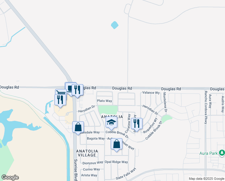 map of restaurants, bars, coffee shops, grocery stores, and more near 3959 Aristotle Circle in Rancho Cordova