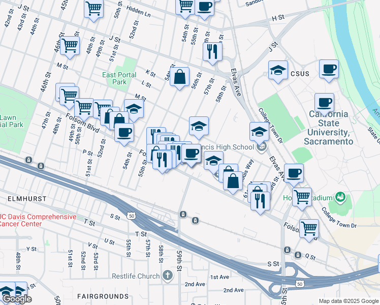 map of restaurants, bars, coffee shops, grocery stores, and more near 1386 58th Street in Sacramento