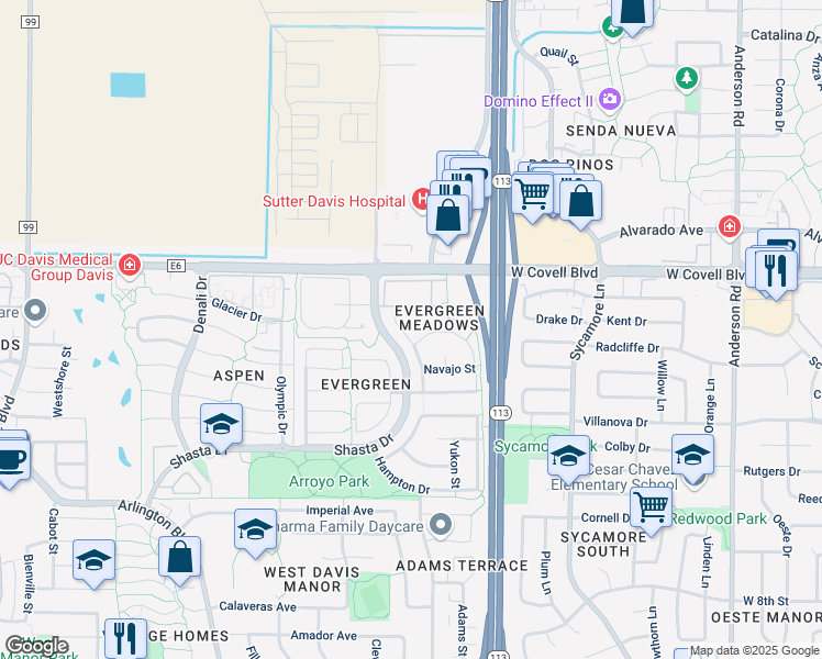 map of restaurants, bars, coffee shops, grocery stores, and more near 1712 Portola Ct in Davis