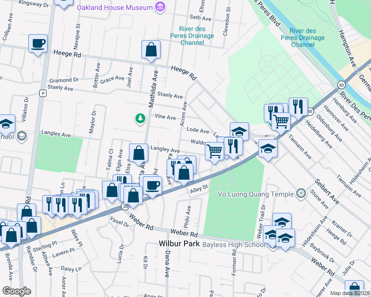 map of restaurants, bars, coffee shops, grocery stores, and more near 5223 Langley Avenue in Affton