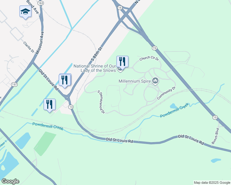 map of restaurants, bars, coffee shops, grocery stores, and more near 726 Community Drive in Belleville