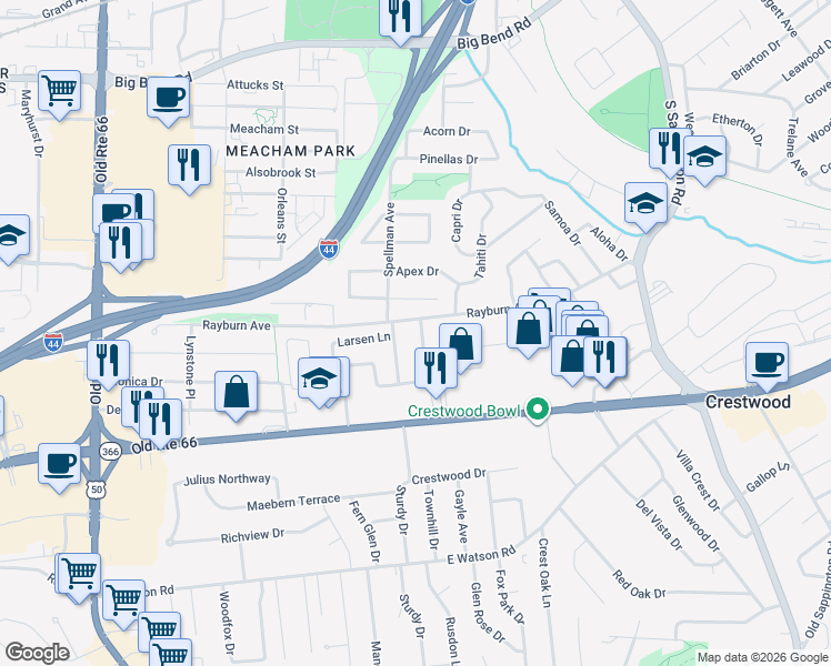 map of restaurants, bars, coffee shops, grocery stores, and more near 1407 Fox Creek Drive in St. Louis
