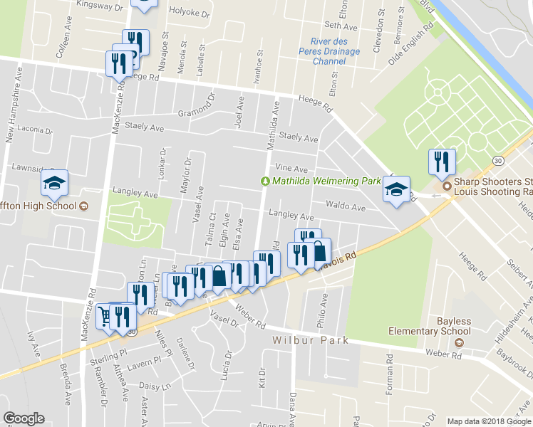map of restaurants, bars, coffee shops, grocery stores, and more near 8500 Mathilda Avenue in Affton