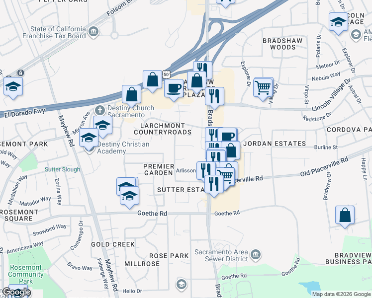 map of restaurants, bars, coffee shops, grocery stores, and more near 9620 Bradhugh Court in Sacramento