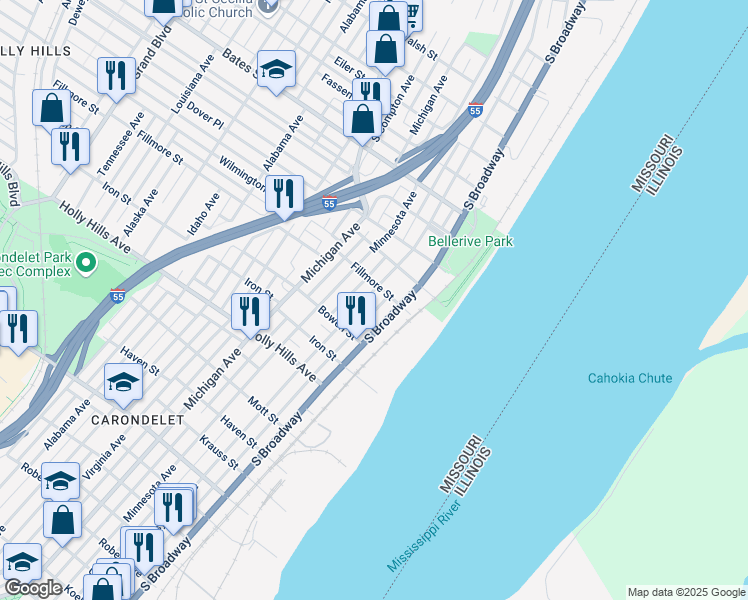 map of restaurants, bars, coffee shops, grocery stores, and more near 6012 Pennsylvania Avenue in St. Louis