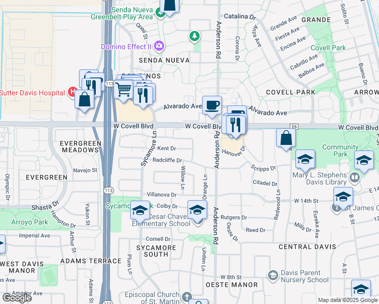map of restaurants, bars, coffee shops, grocery stores, and more near 906 Kent Drive in Davis