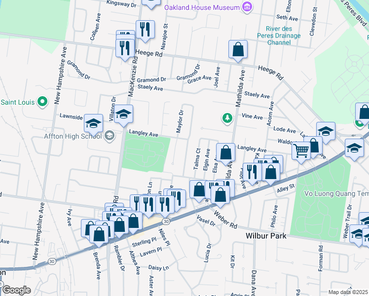 map of restaurants, bars, coffee shops, grocery stores, and more near 8516 Vasel Drive in Affton
