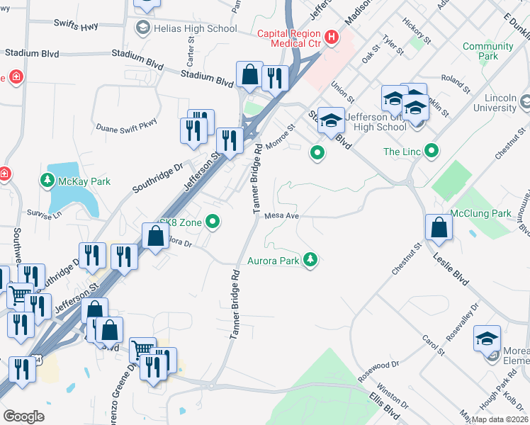 map of restaurants, bars, coffee shops, grocery stores, and more near 1525 Tanner Bridge Road in Jefferson City