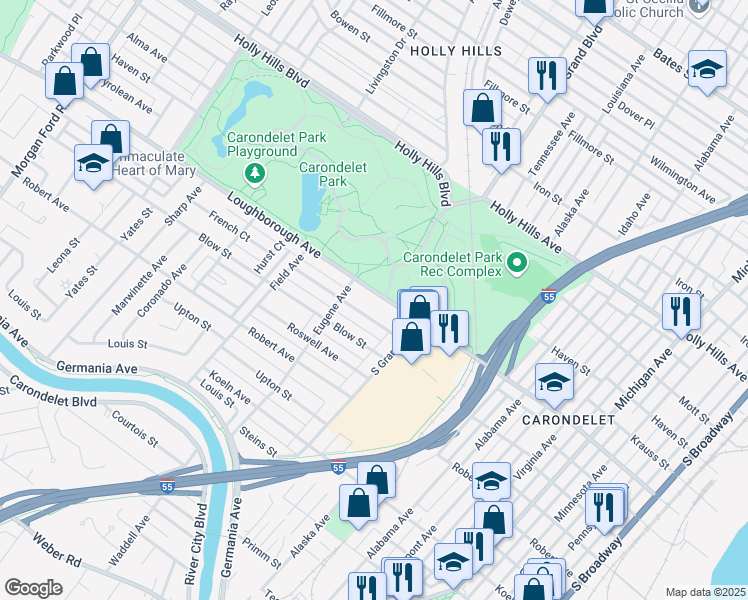 map of restaurants, bars, coffee shops, grocery stores, and more near 3658 Loughborough Avenue in St. Louis