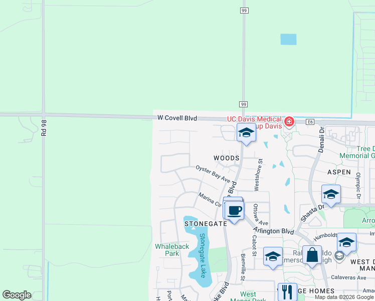 map of restaurants, bars, coffee shops, grocery stores, and more near 1705 Astoria Street in Davis