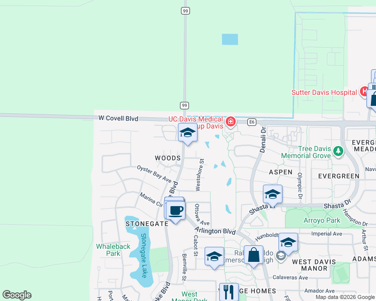 map of restaurants, bars, coffee shops, grocery stores, and more near 3162 Woods Circle in Davis