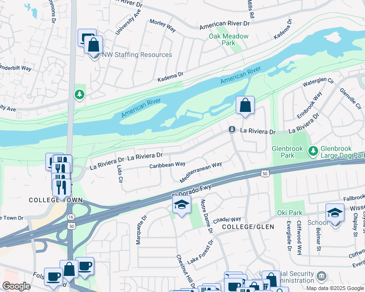 map of restaurants, bars, coffee shops, grocery stores, and more near 8255 La Riviera Drive in Sacramento