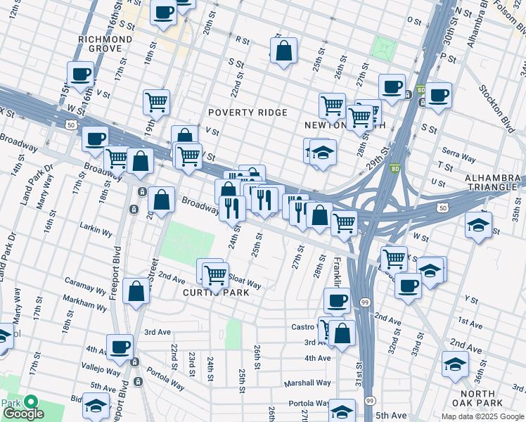 map of restaurants, bars, coffee shops, grocery stores, and more near 2414 25th Street in Sacramento