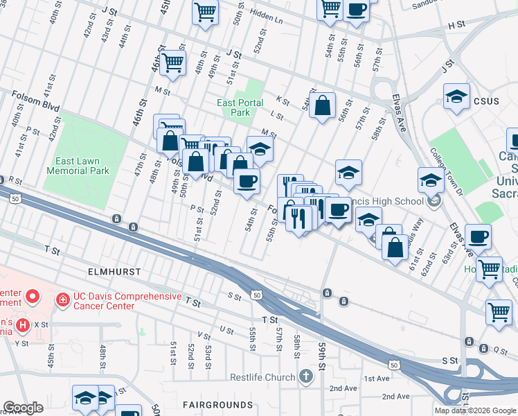 map of restaurants, bars, coffee shops, grocery stores, and more near 5412 Folsom Boulevard in Sacramento