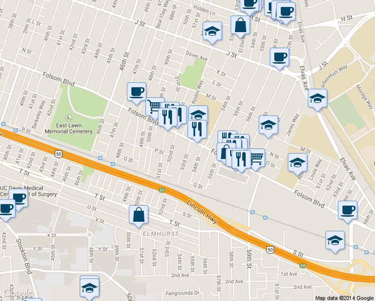 map of restaurants, bars, coffee shops, grocery stores, and more near 1535 53rd Street in Sacramento