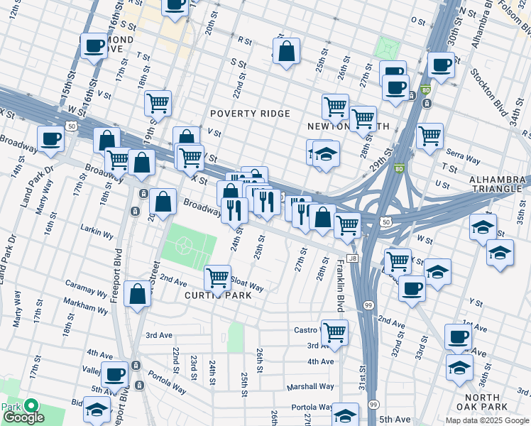 map of restaurants, bars, coffee shops, grocery stores, and more near 2414 25th Street in Sacramento