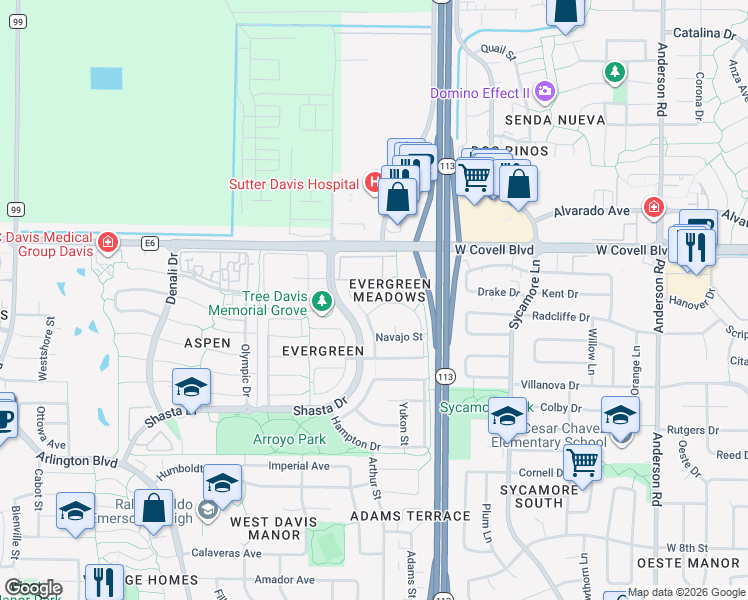 map of restaurants, bars, coffee shops, grocery stores, and more near 1712 Portola Court in Davis