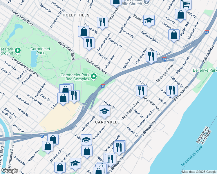 map of restaurants, bars, coffee shops, grocery stores, and more near 6609 Idaho Avenue in St. Louis
