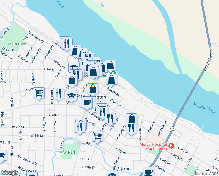 map of restaurants, bars, coffee shops, grocery stores, and more near 9 East Main Street in Washington
