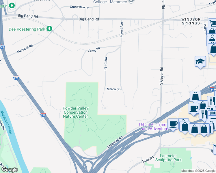 map of restaurants, bars, coffee shops, grocery stores, and more near 835 Marco Drive in Kirkwood