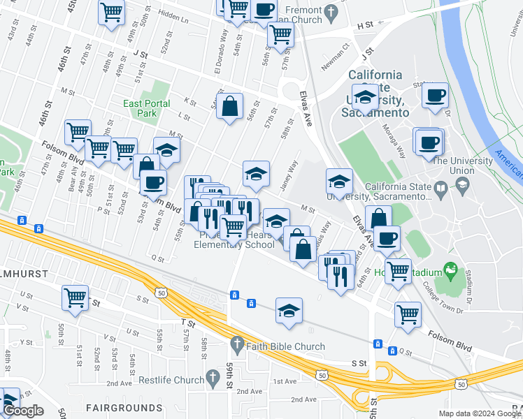 map of restaurants, bars, coffee shops, grocery stores, and more near 1351 58th Street in Sacramento