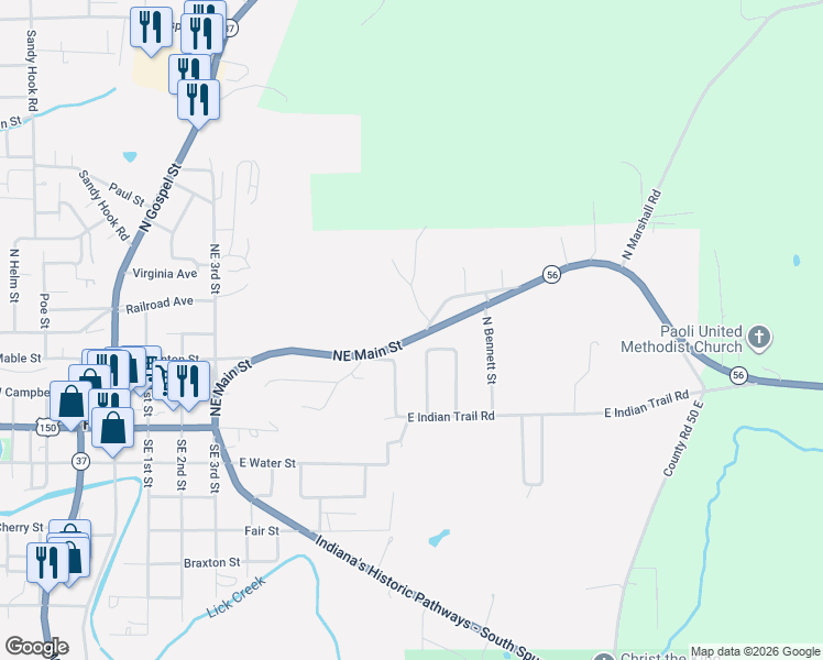 map of restaurants, bars, coffee shops, grocery stores, and more near 1002 Northeast Main Street in Paoli