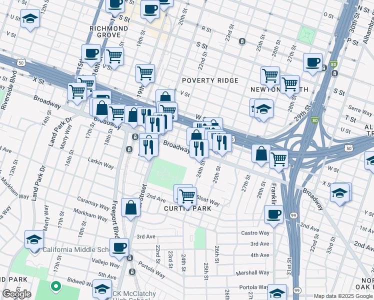 map of restaurants, bars, coffee shops, grocery stores, and more near 2200 Broadway in Sacramento