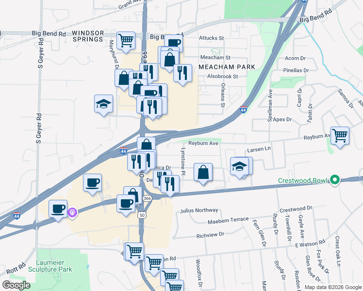 map of restaurants, bars, coffee shops, grocery stores, and more near 190 Rayburn Avenue in St. Louis