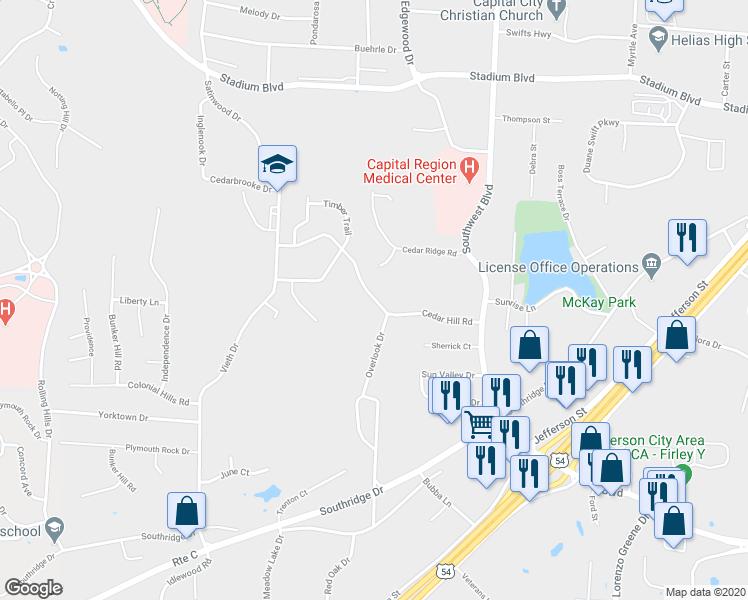 map of restaurants, bars, coffee shops, grocery stores, and more near 2042 Cedar Hill Road in Jefferson City