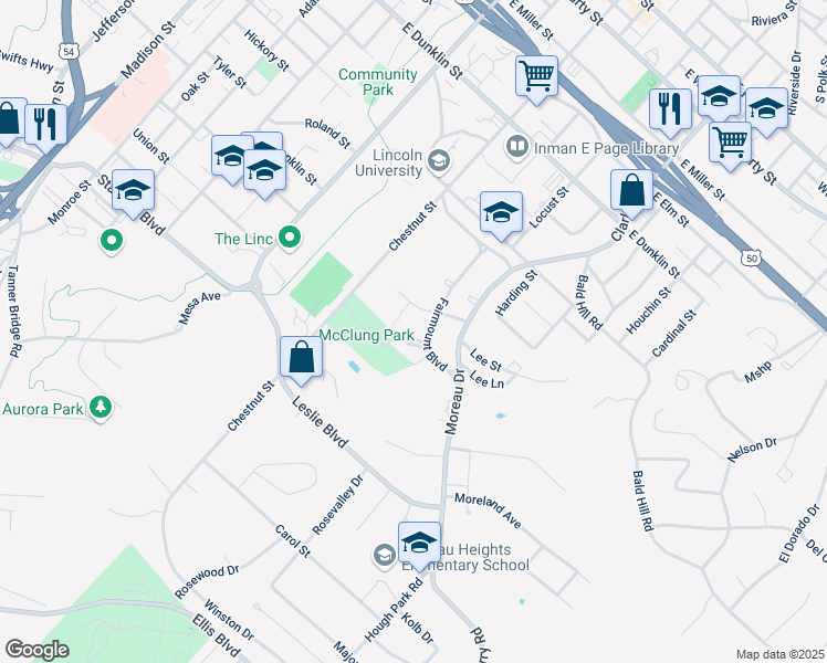 map of restaurants, bars, coffee shops, grocery stores, and more near 1005 Fairmount Court in Jefferson City