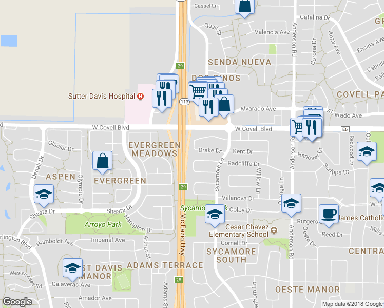 map of restaurants, bars, coffee shops, grocery stores, and more near 1431 Notre Dame Drive in Davis