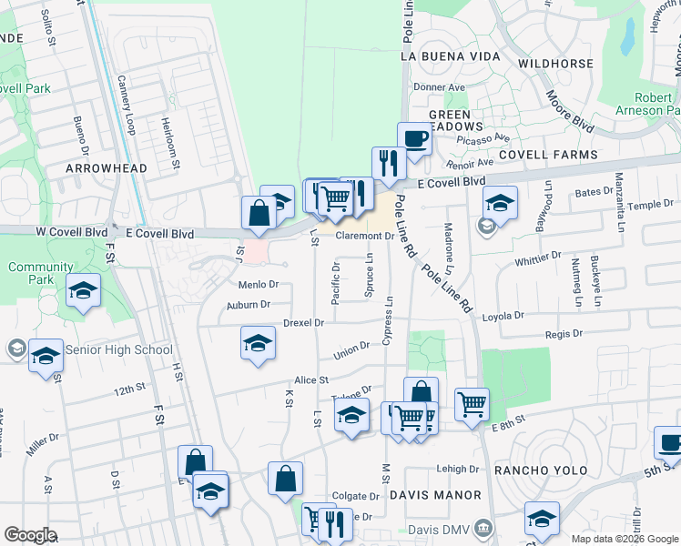 map of restaurants, bars, coffee shops, grocery stores, and more near 1410 Pacific Drive in Davis