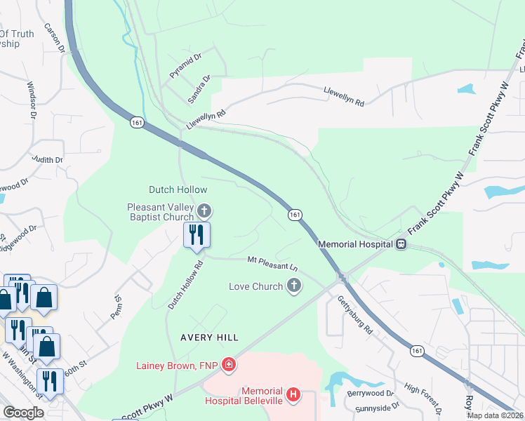 map of restaurants, bars, coffee shops, grocery stores, and more near 17 Persimmon Ridge Road in Belleville