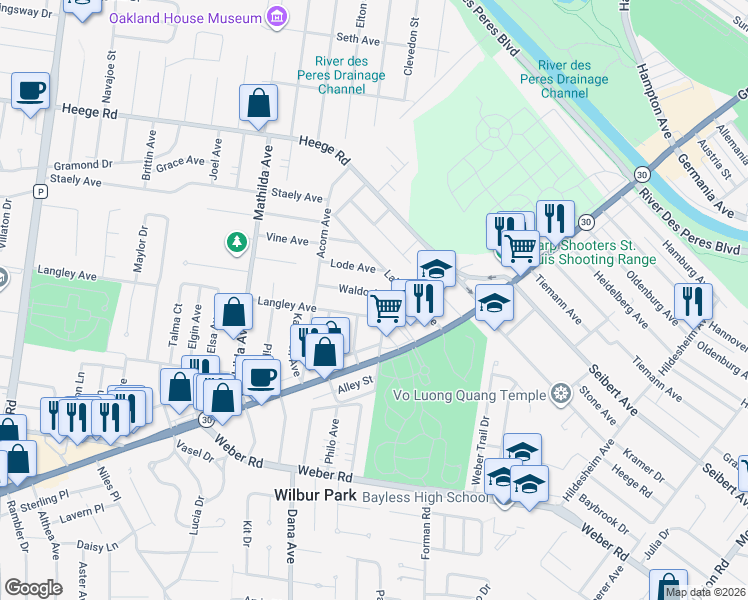 map of restaurants, bars, coffee shops, grocery stores, and more near 5115 Langley Avenue in Affton