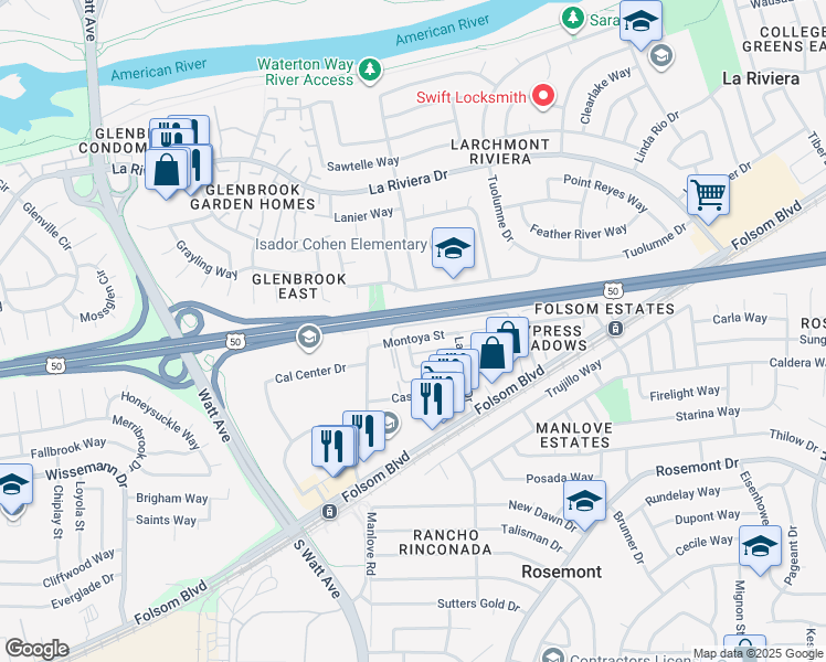 map of restaurants, bars, coffee shops, grocery stores, and more near 9005 Montoya Street in Sacramento
