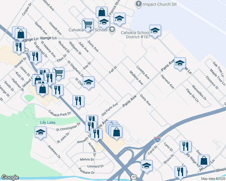 map of restaurants, bars, coffee shops, grocery stores, and more near 1424 Williams Street in Cahokia
