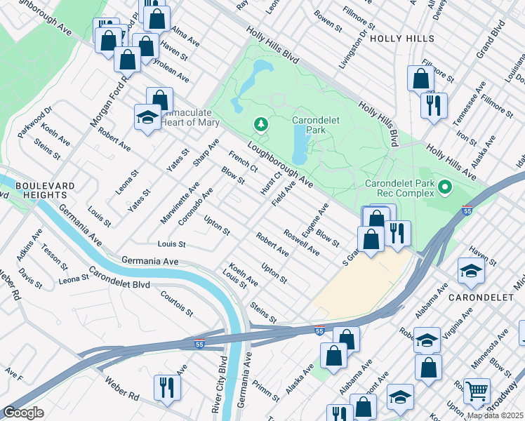map of restaurants, bars, coffee shops, grocery stores, and more near 7201 Field Avenue in St. Louis
