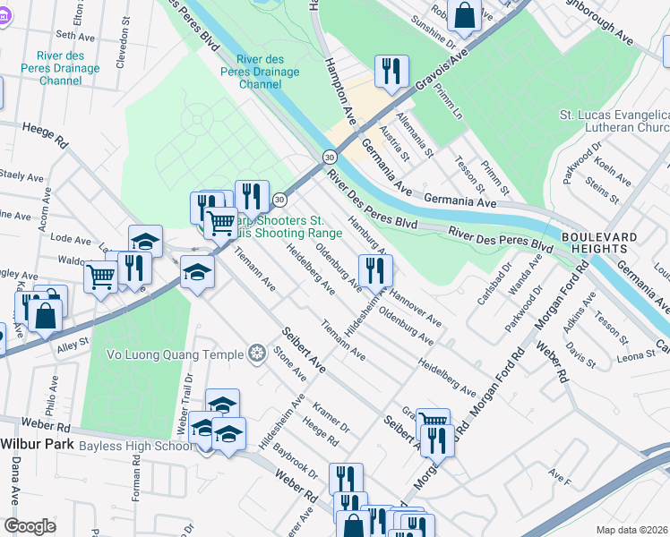 map of restaurants, bars, coffee shops, grocery stores, and more near 4746 Oldenburg Avenue in St. Louis