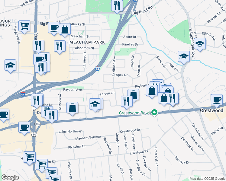 map of restaurants, bars, coffee shops, grocery stores, and more near 551 Larsen Lane in St. Louis