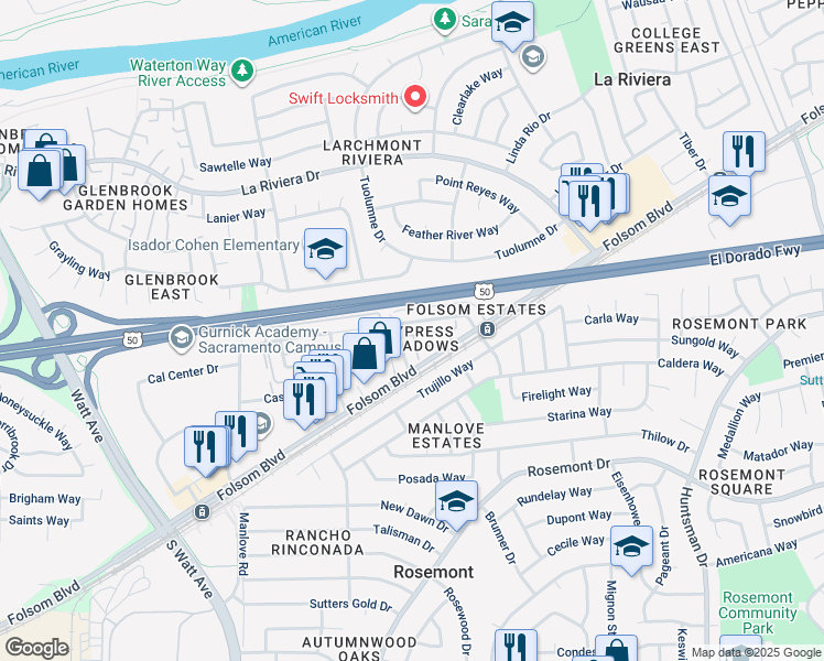 map of restaurants, bars, coffee shops, grocery stores, and more near 9055 Folsom Boulevard in Sacramento
