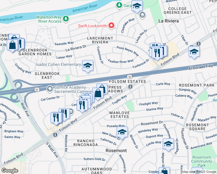 map of restaurants, bars, coffee shops, grocery stores, and more near 9090 Piñata Way in Sacramento