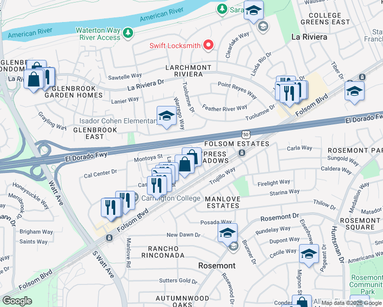 map of restaurants, bars, coffee shops, grocery stores, and more near 9090 Piñata Way in Sacramento