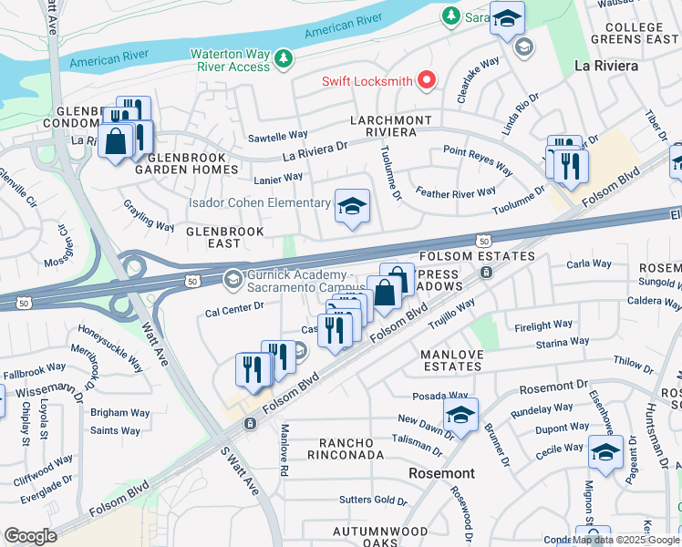 map of restaurants, bars, coffee shops, grocery stores, and more near 9028 Montoya Street in Sacramento