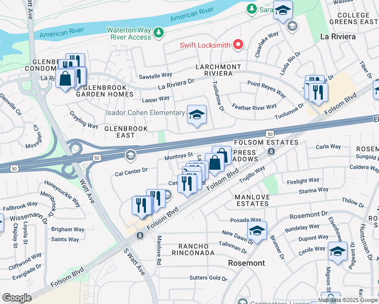 map of restaurants, bars, coffee shops, grocery stores, and more near 9028 Montoya Street in Sacramento