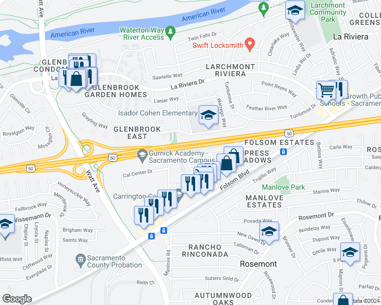 map of restaurants, bars, coffee shops, grocery stores, and more near 9005 Montoya Street in Sacramento