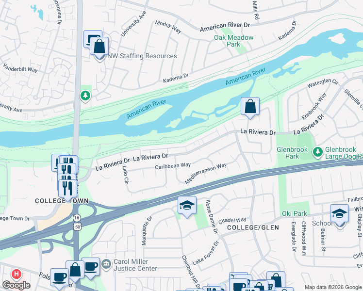 map of restaurants, bars, coffee shops, grocery stores, and more near 8255 La Riviera Drive in Sacramento