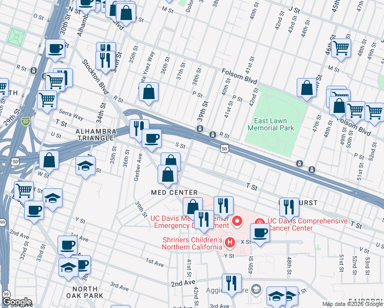 map of restaurants, bars, coffee shops, grocery stores, and more near 3916 S Street in Sacramento