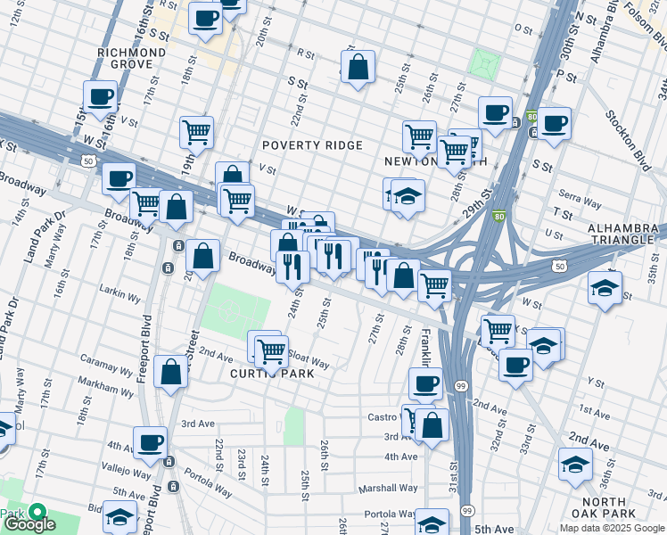 map of restaurants, bars, coffee shops, grocery stores, and more near 2414 25th Street in Sacramento