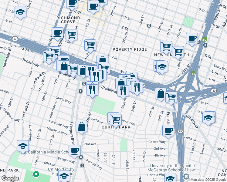 map of restaurants, bars, coffee shops, grocery stores, and more near 2110-2298 Broadway in Sacramento